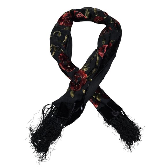 Womens Burnout Sheer Multifunctional Scarf Tasseled Edge Velvet Floral 18.5"X32" - Picture 1 of 10